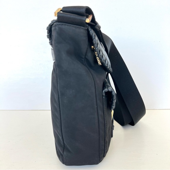 TORY BURCH Black Nylon Pebbled Leather Front Logo Tote Shoulder Bag Crossbody - Picture 3 of 16